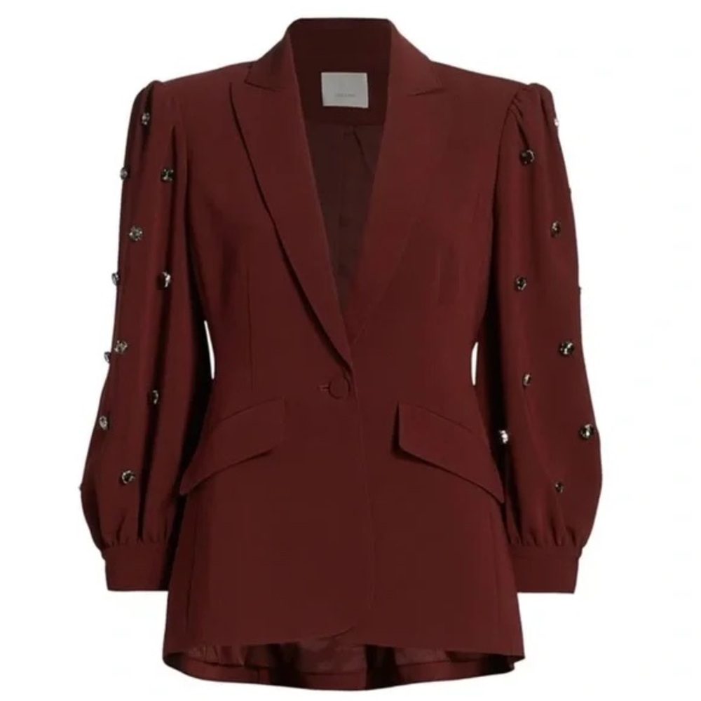 Cinq a Sept Amie Bejeweled 3/4” Puff Sleeve Tailored Blazer, in Sangria, Size 4